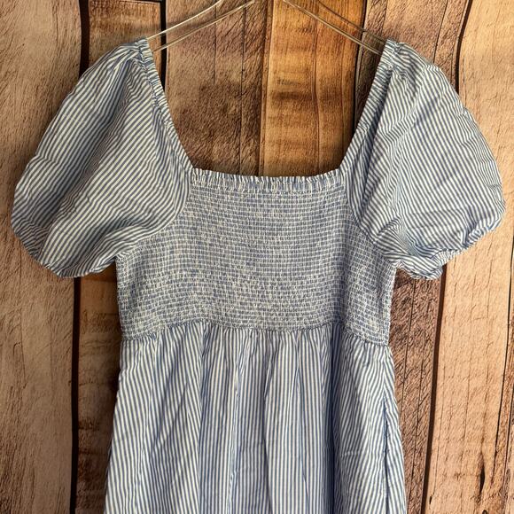 J. Crew Dress Striped Puff Sleeved Midi Blue White Summer Smocked NWT Large - Picture 6 of 8